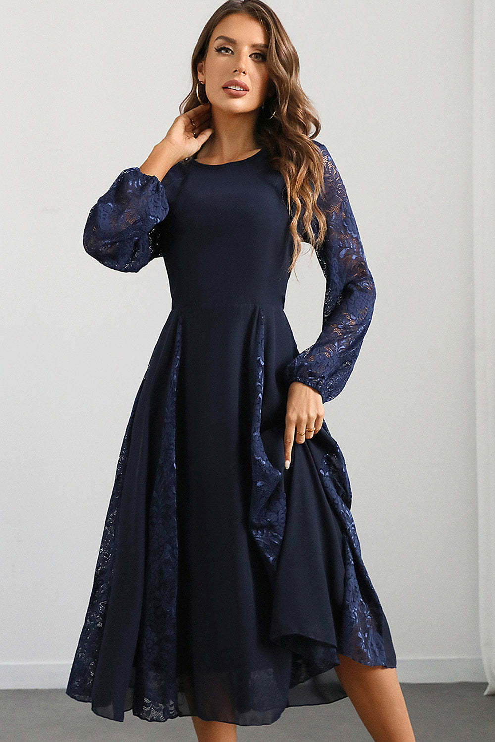 LeelyWomen Navy Prom Dress A Line Round Neck Long Formal Dress with Long Sleeves