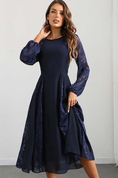 LeelyWomen Navy Prom Dress A Line Round Neck Long Formal Dress with Long Sleeves