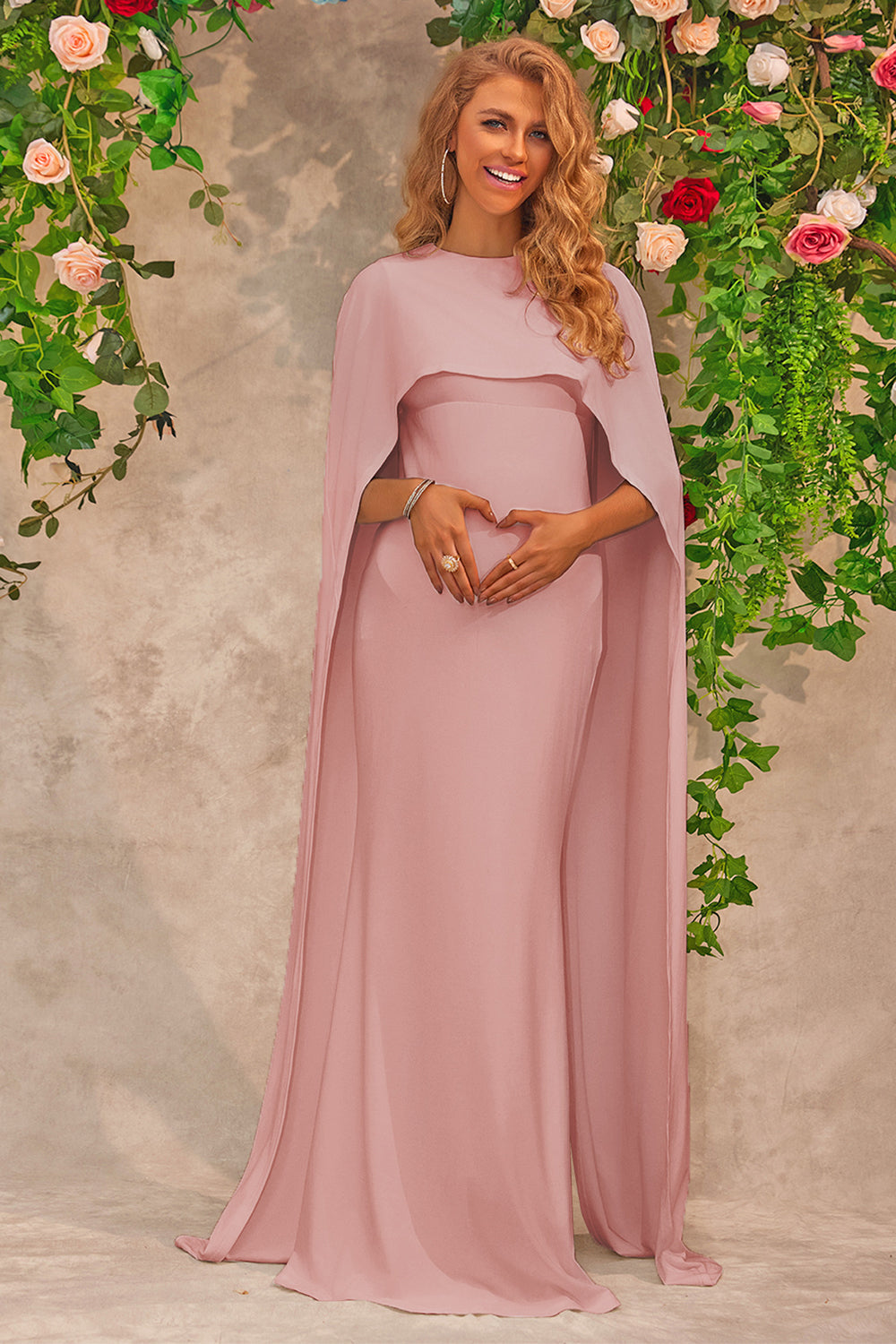 Leely Women Pink Maternity Prom Dress With Cape Long Wedding Party Dress