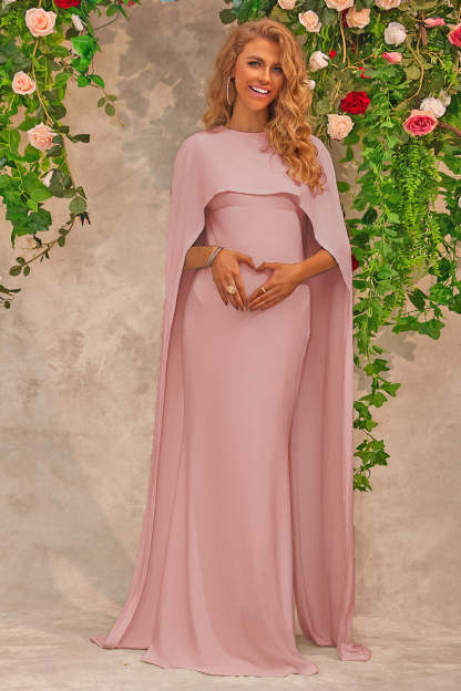 Leely Women Pink Maternity Prom Dress With Cape Long Wedding Party Dress