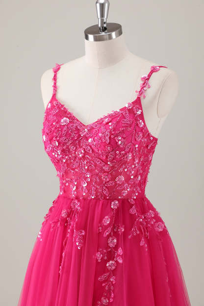 Sparkly Purple A-Line Slit Long Prom Dress with Appliques