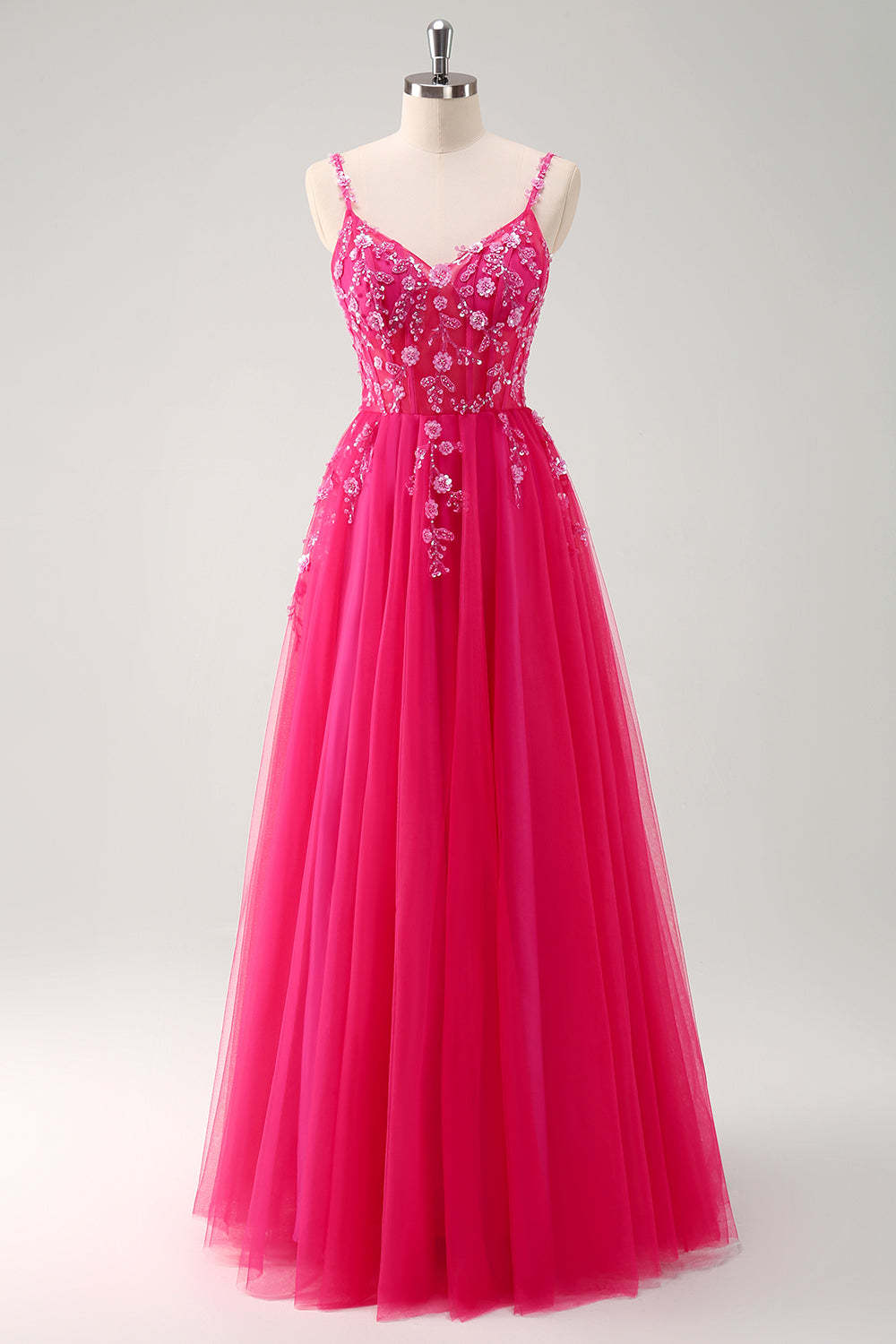 Blush Spaghetti Straps Applique A-Line Prom Dress with Sequins