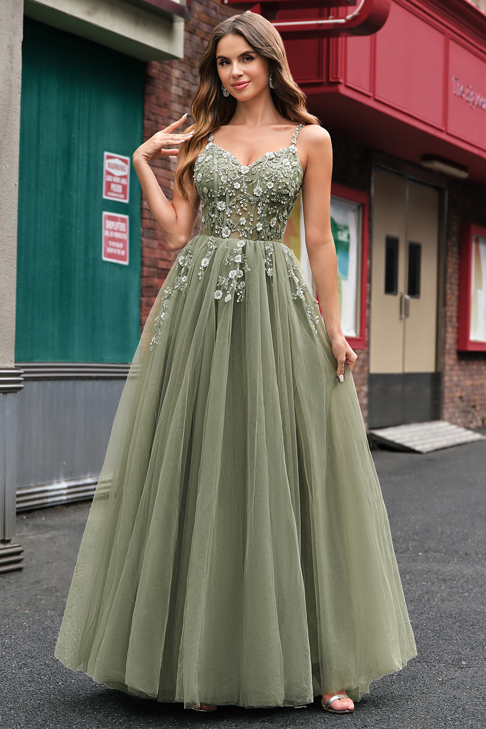 Blush Spaghetti Straps Applique A-Line Prom Dress with Sequins