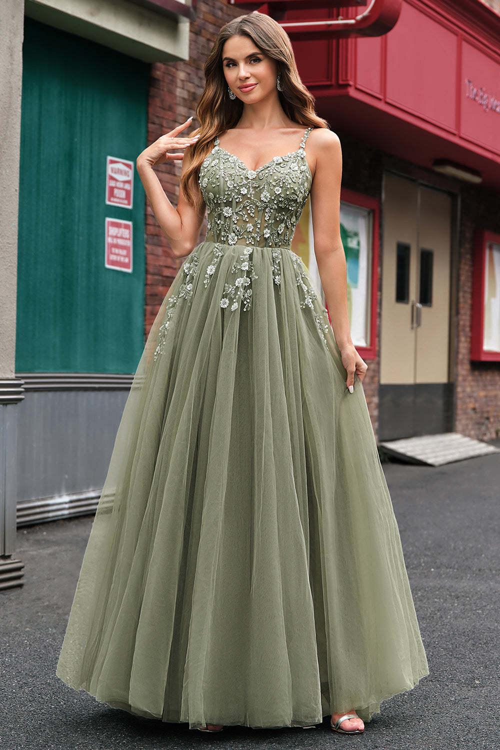 Green Corset Applique A-Line Prom Dress with Sequins
