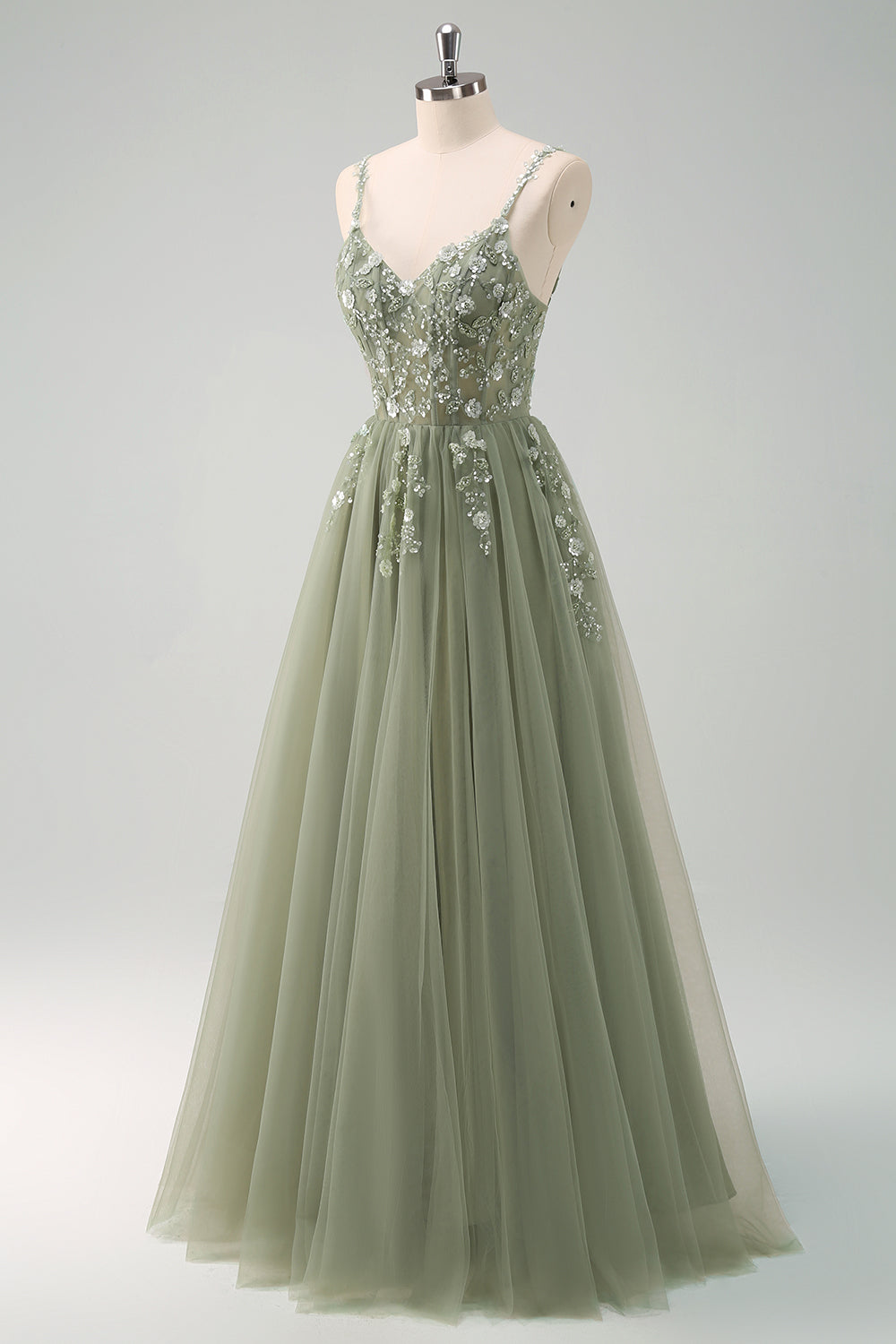 Blush Spaghetti Straps Applique A-Line Prom Dress with Sequins