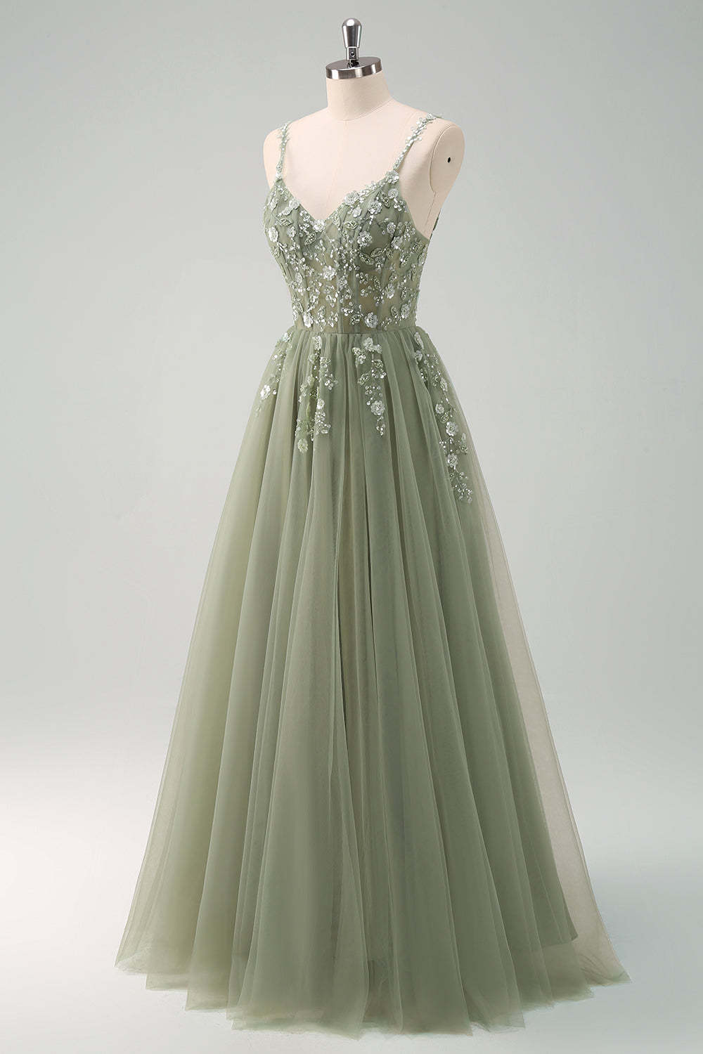 Blush Spaghetti Straps Applique A-Line Prom Dress with Sequins