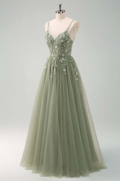 Blush Spaghetti Straps Applique A-Line Prom Dress with Sequins