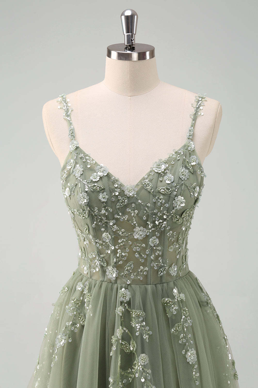 Blush Spaghetti Straps Applique A-Line Prom Dress with Sequins