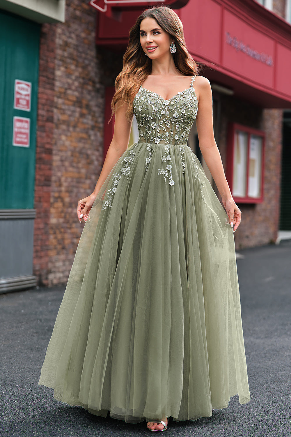 Green Corset Applique A-Line Prom Dress with Sequins