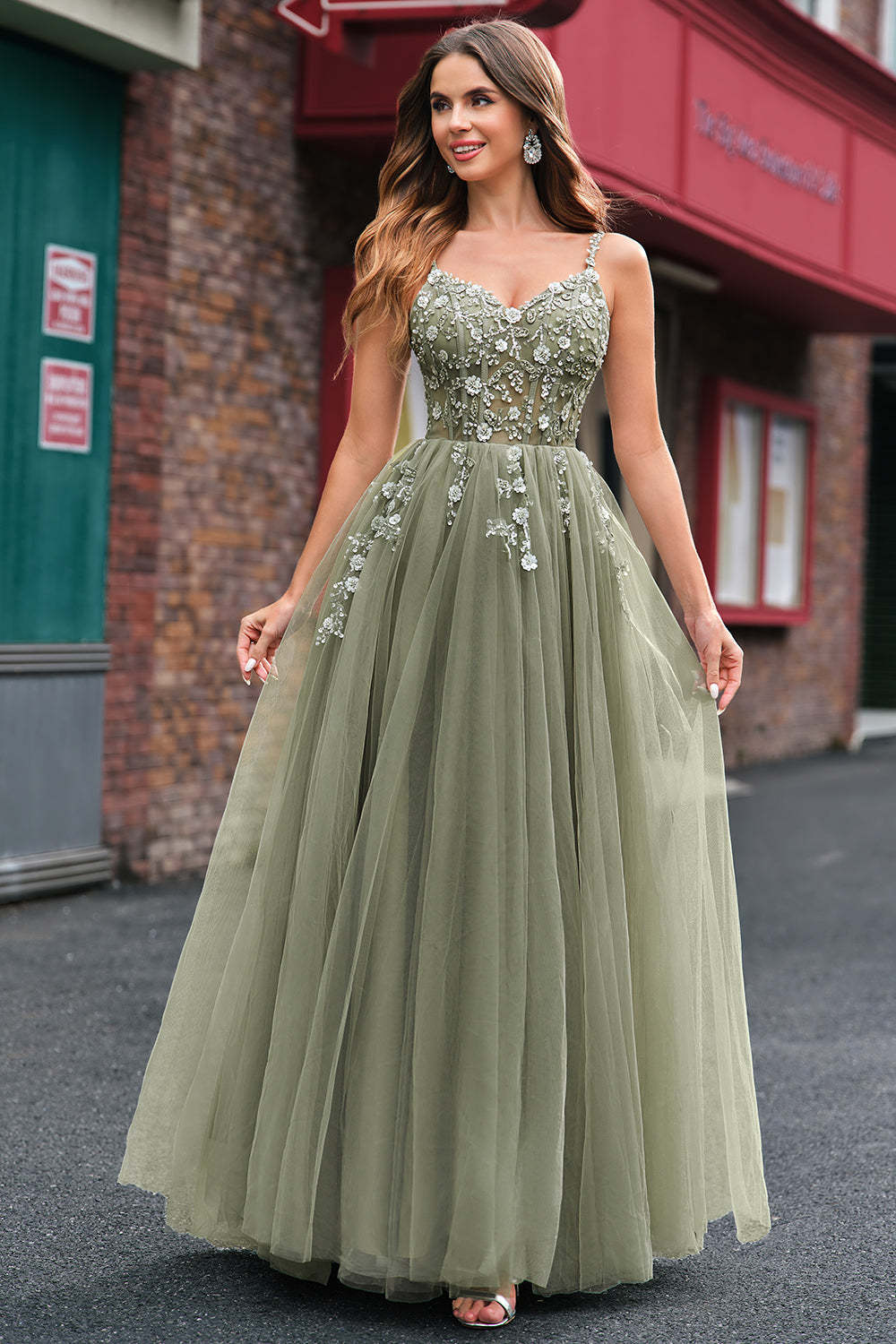 Green Corset Applique A-Line Prom Dress with Sequins
