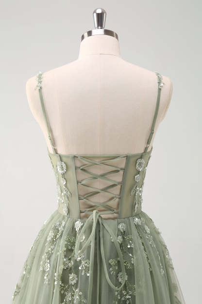 Blush Spaghetti Straps Applique A-Line Prom Dress with Sequins