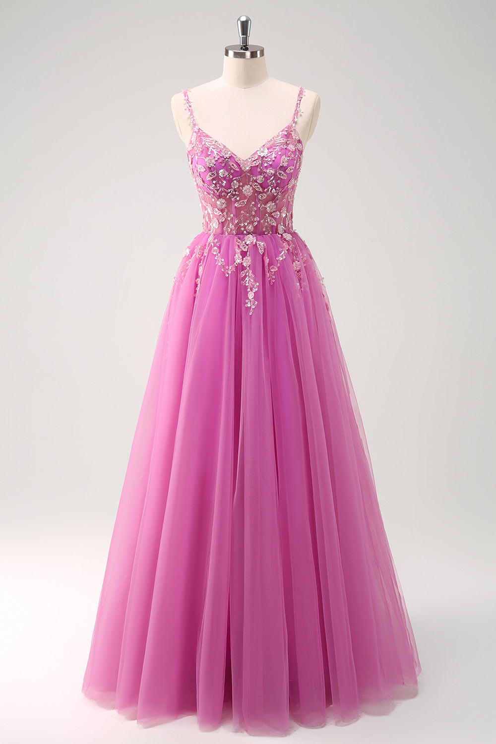 Blush Spaghetti Straps Applique A-Line Prom Dress with Sequins