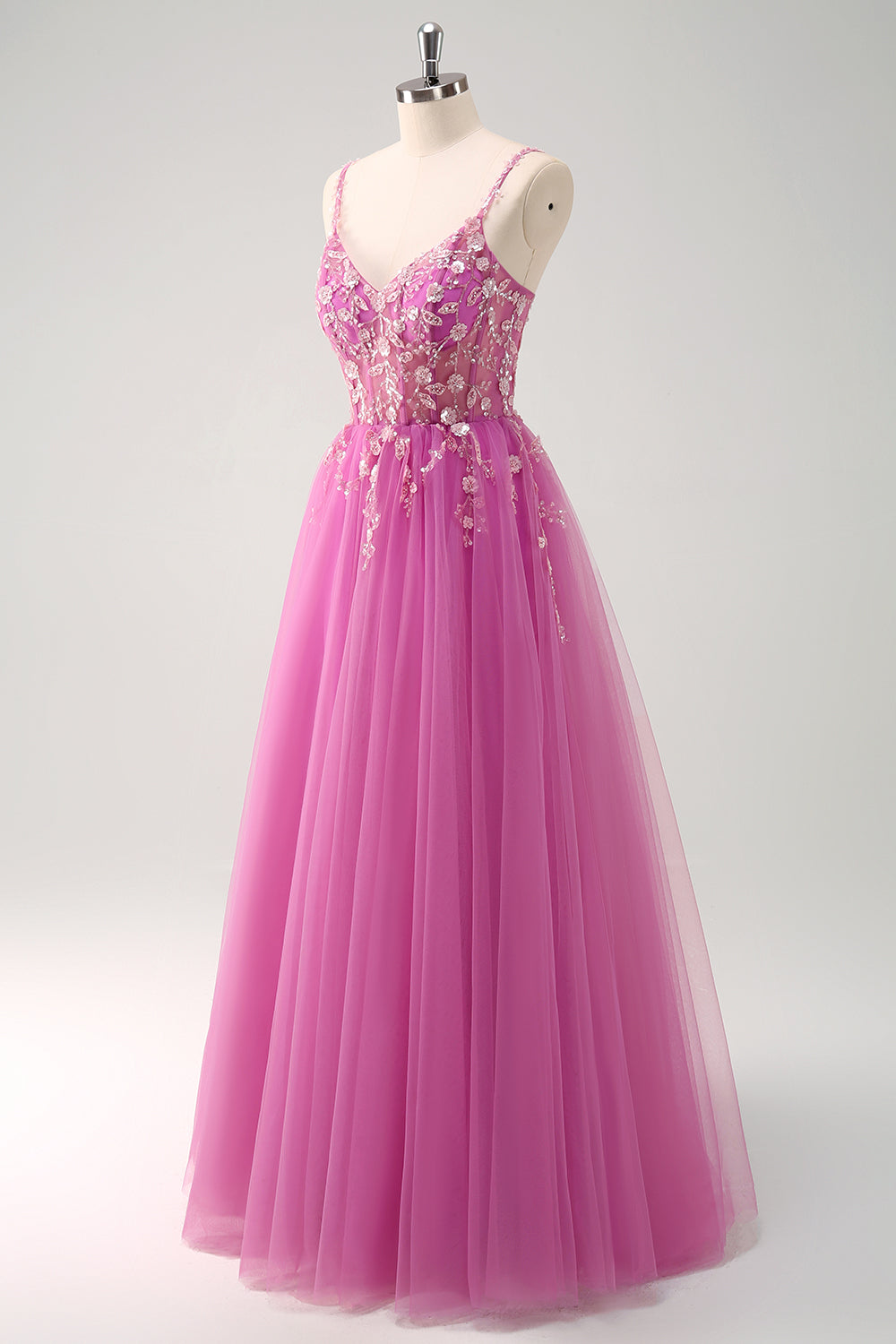 Blush Spaghetti Straps Applique A-Line Prom Dress with Sequins