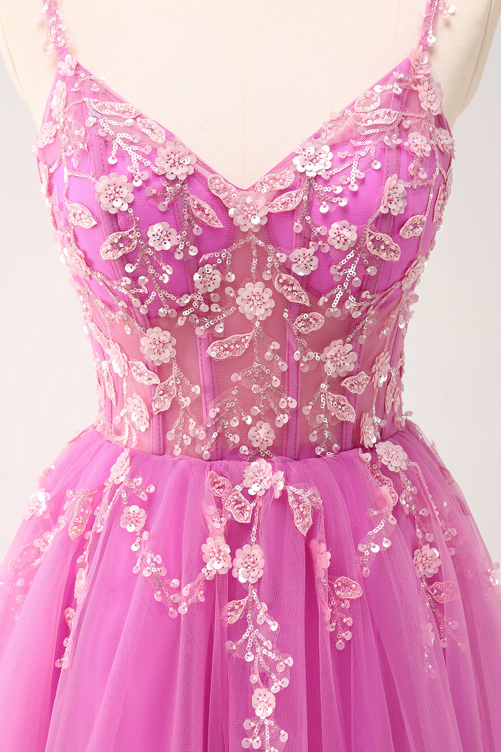 Blush Spaghetti Straps Applique A-Line Prom Dress with Sequins