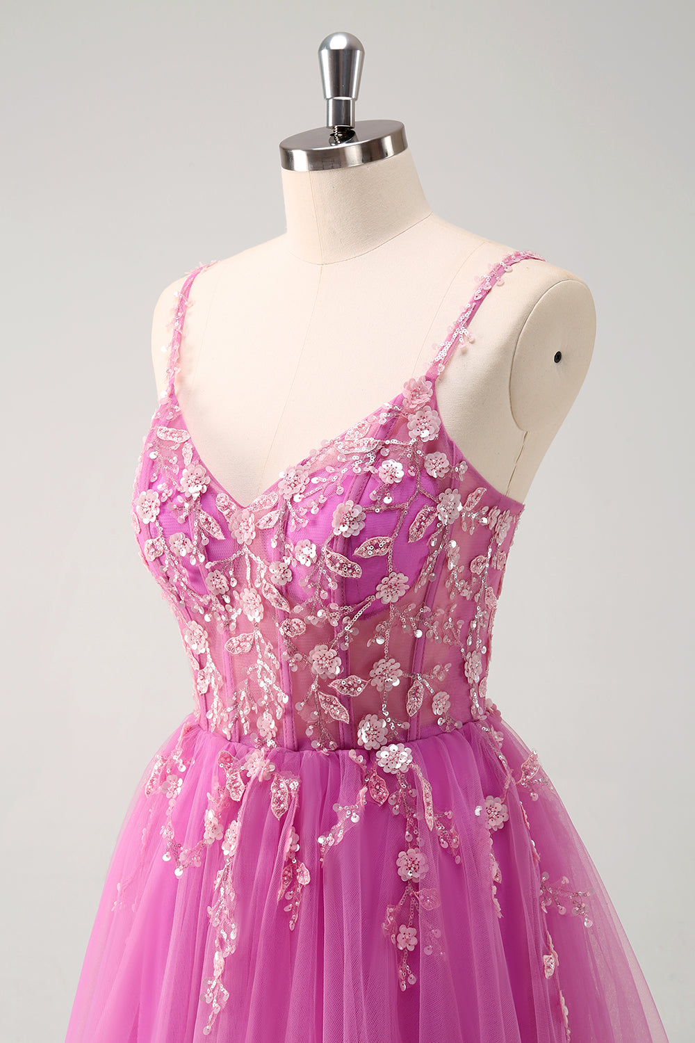 Blush Spaghetti Straps Applique A-Line Prom Dress with Sequins