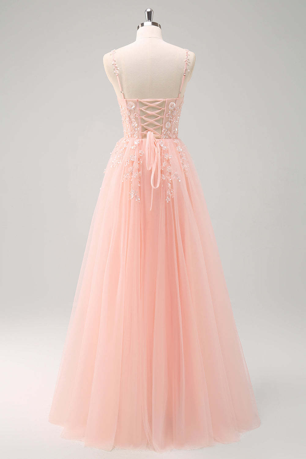 Blush Spaghetti Straps Applique A-Line Prom Dress with Sequins