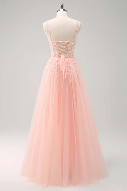Blush Spaghetti Straps Applique A-Line Prom Dress with Sequins
