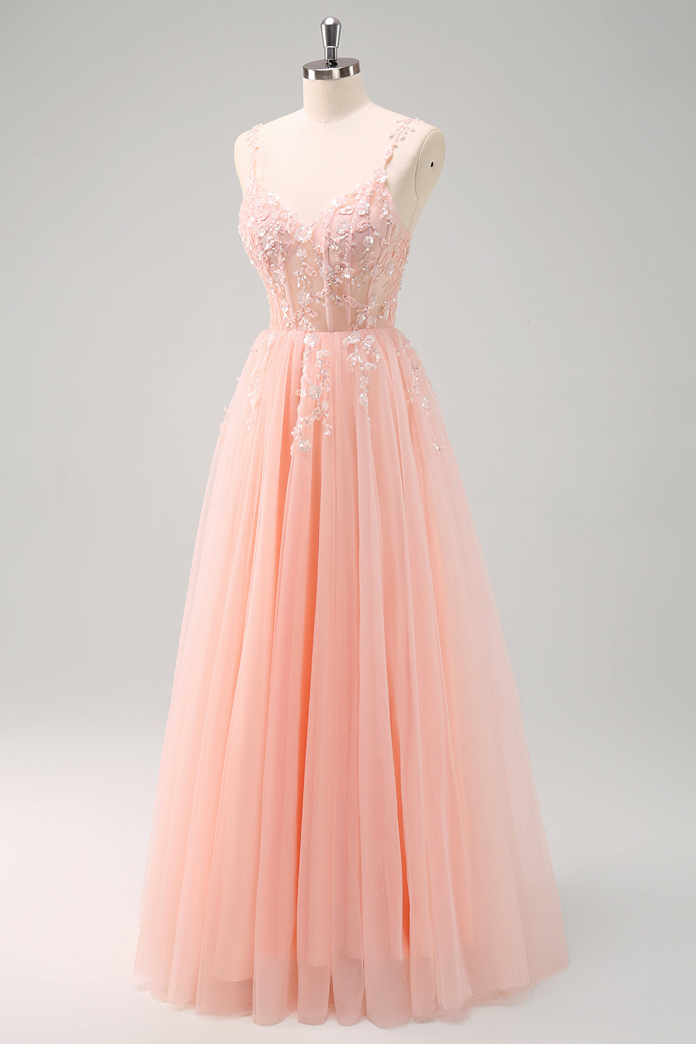 Blush Spaghetti Straps Applique A-Line Prom Dress with Sequins