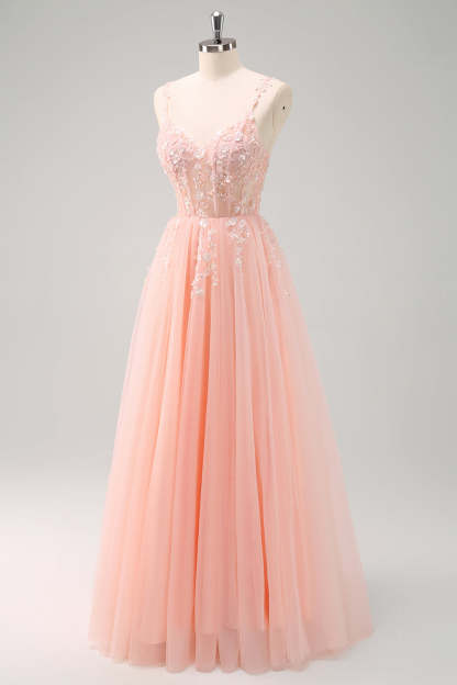 Blush Spaghetti Straps Applique A-Line Prom Dress with Sequins