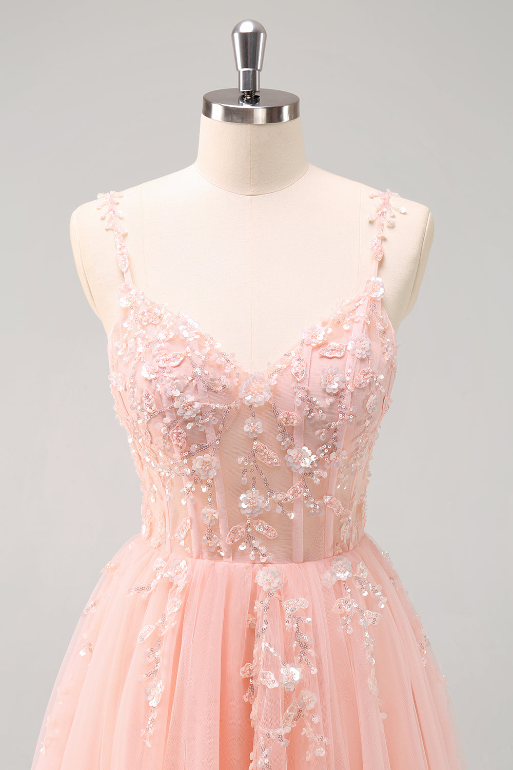 Blush Spaghetti Straps Applique A-Line Prom Dress with Sequins