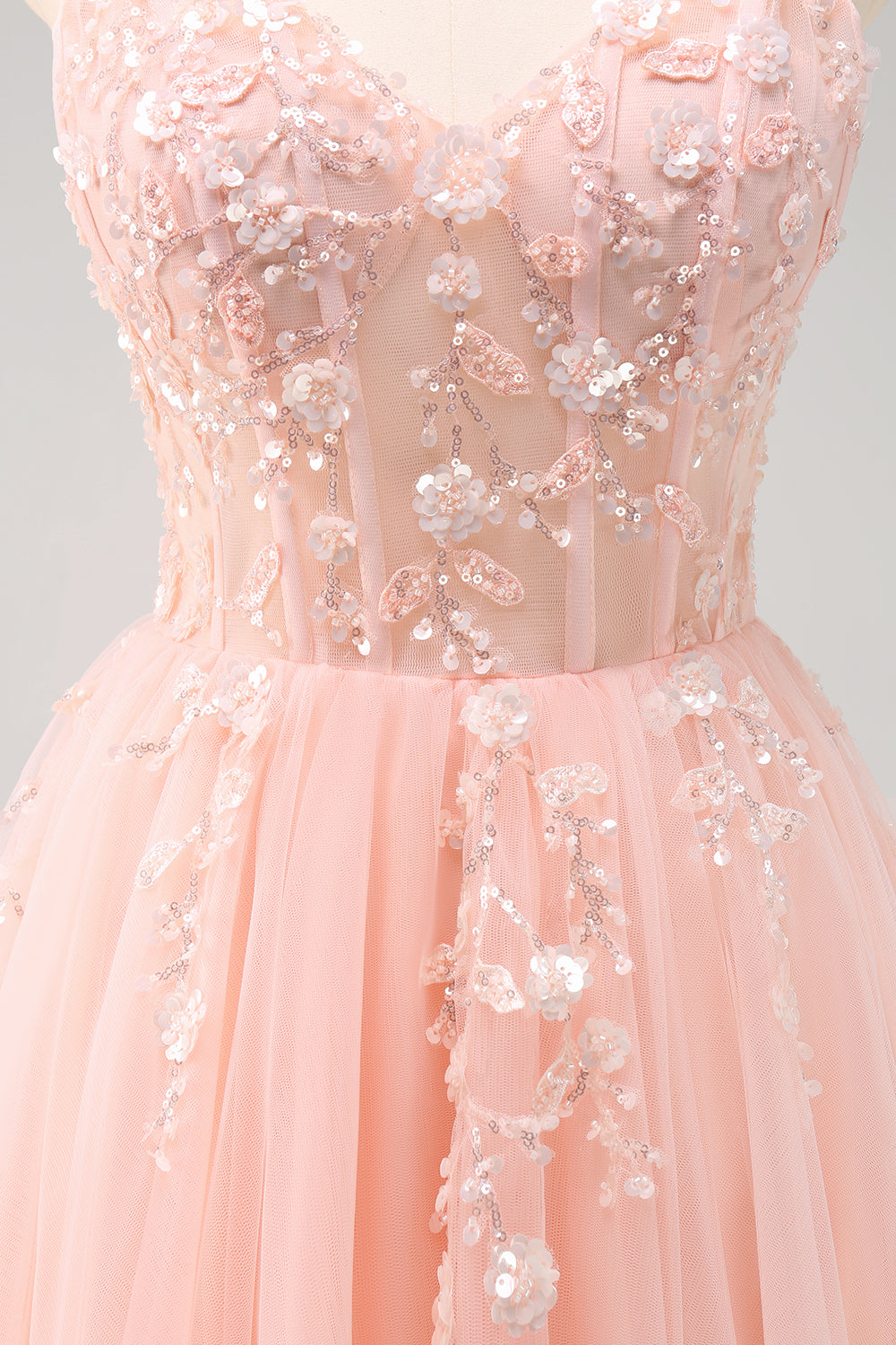 Blush Spaghetti Straps Applique A-Line Prom Dress with Sequins