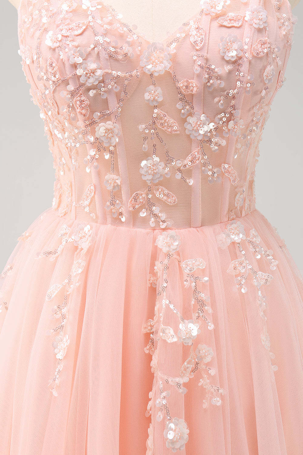 Blush Spaghetti Straps Applique A-Line Prom Dress with Sequins