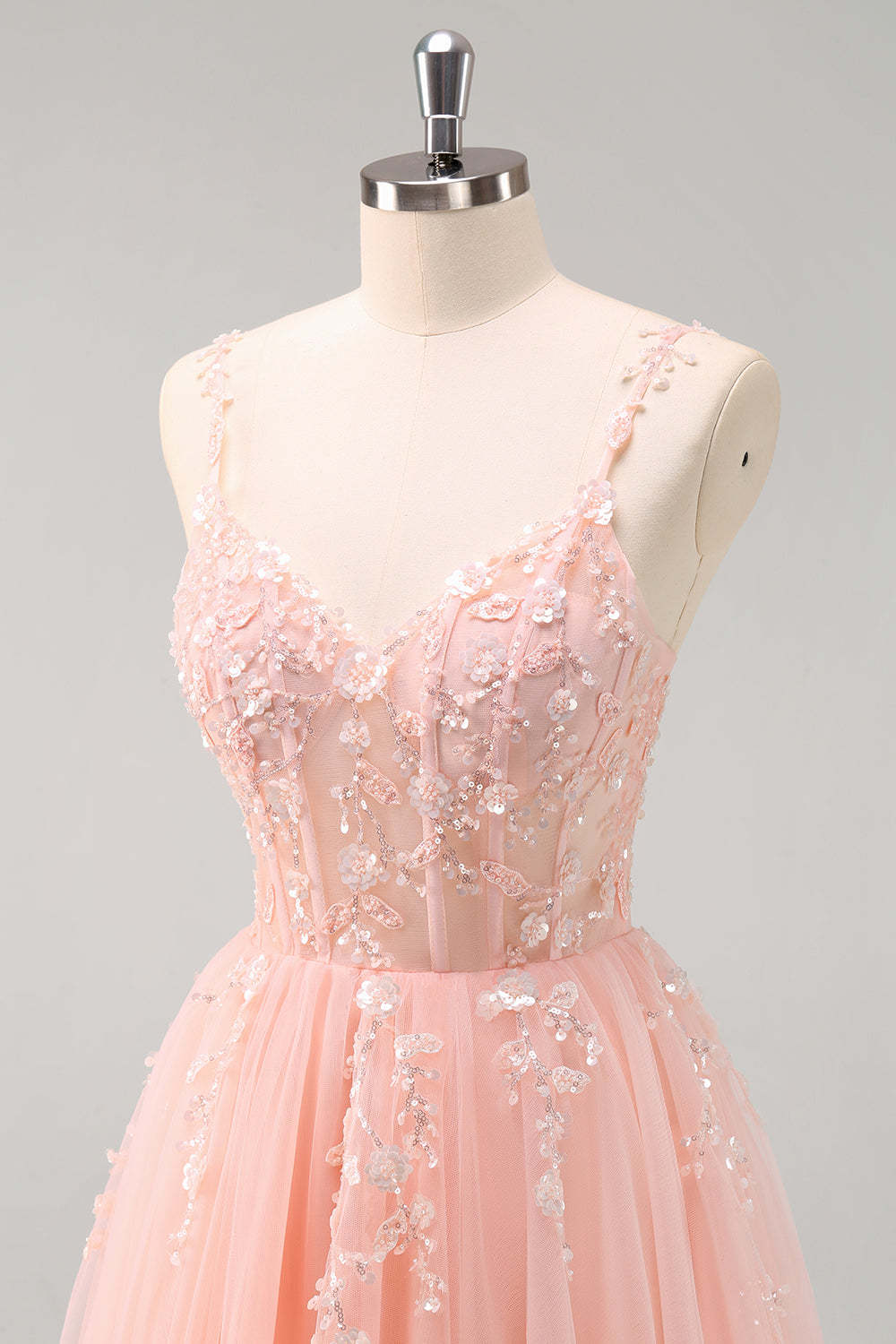 Blush Spaghetti Straps Applique A-Line Prom Dress with Sequins