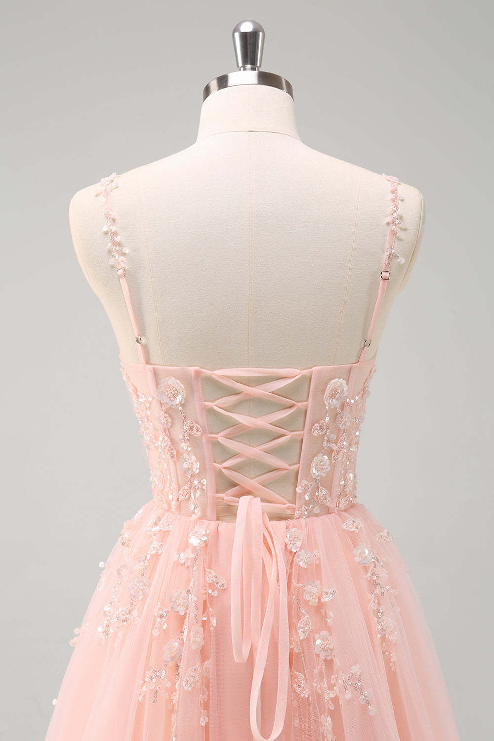 Blush Spaghetti Straps Applique A-Line Prom Dress with Sequins