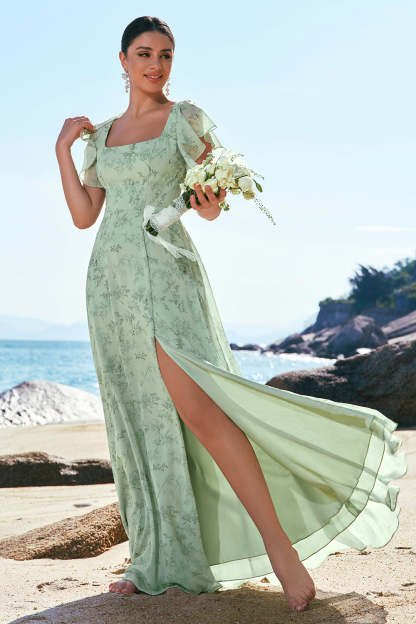 Dusty Sage Square Neck Floral Printed A-Line Bridesmaid Dress