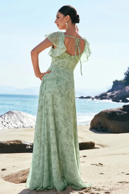 Grey Green A-Line Floral Printed Bridesmaid Dress with Ruffle Sleeves