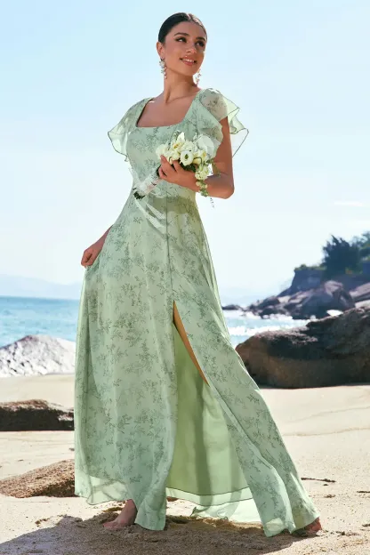 Grey Green A-Line Floral Printed Bridesmaid Dress with Ruffle Sleeves