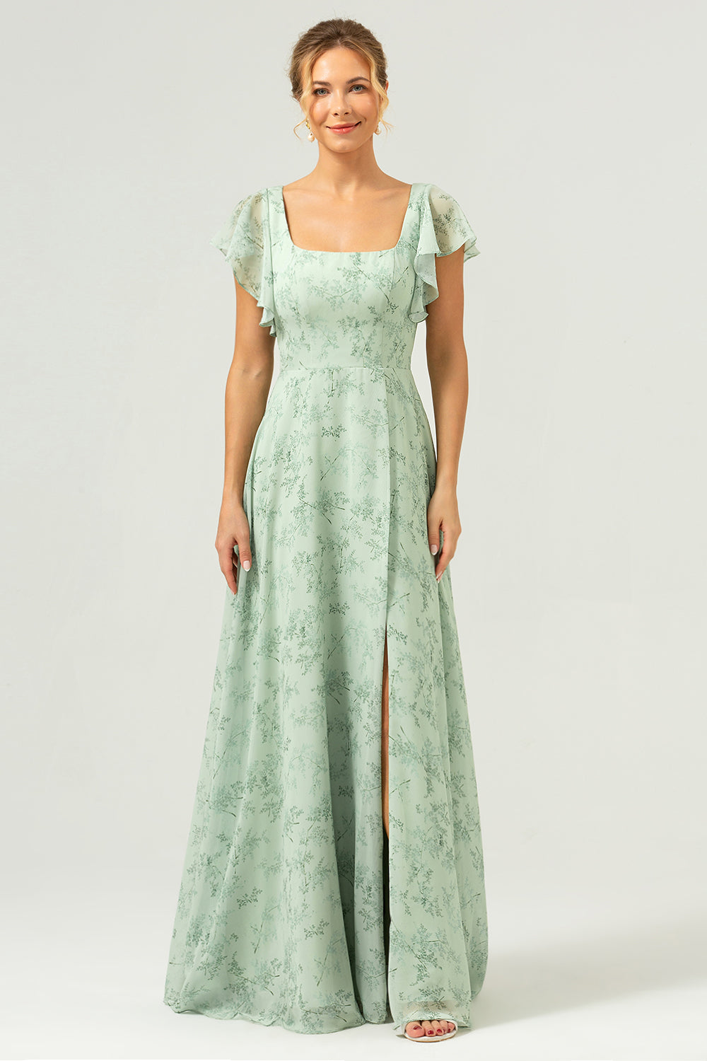 Dusty Sage Floral Printed A-Line Bridesmaid Dress with Slit