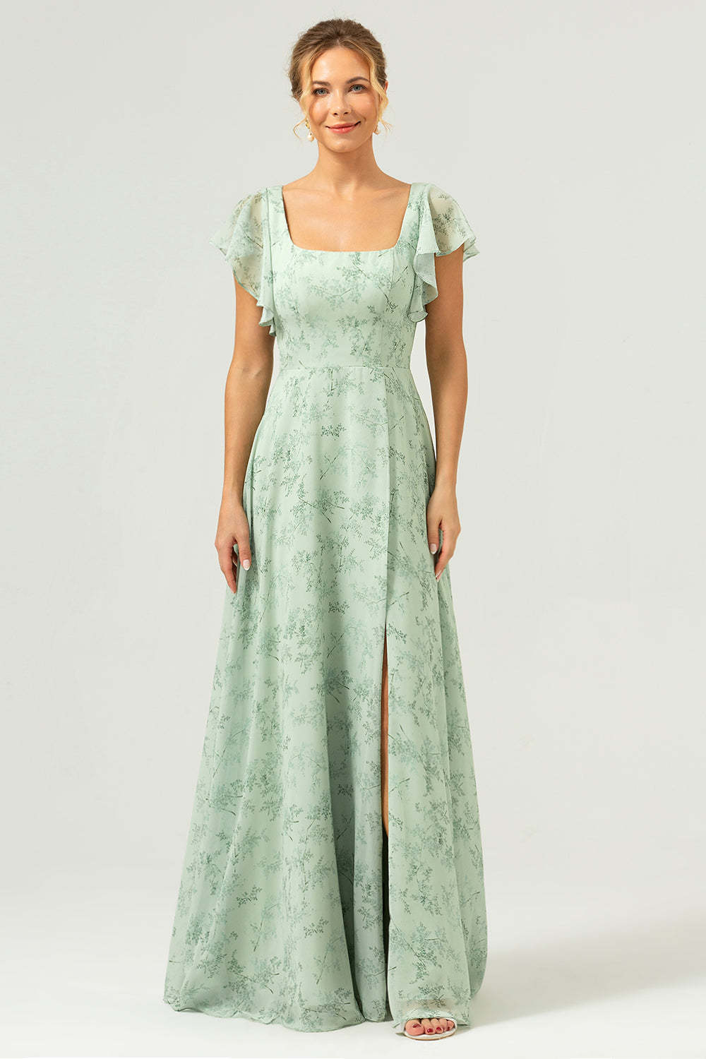 Dusty Sage Floral Printed A-Line Bridesmaid Dress with Slit