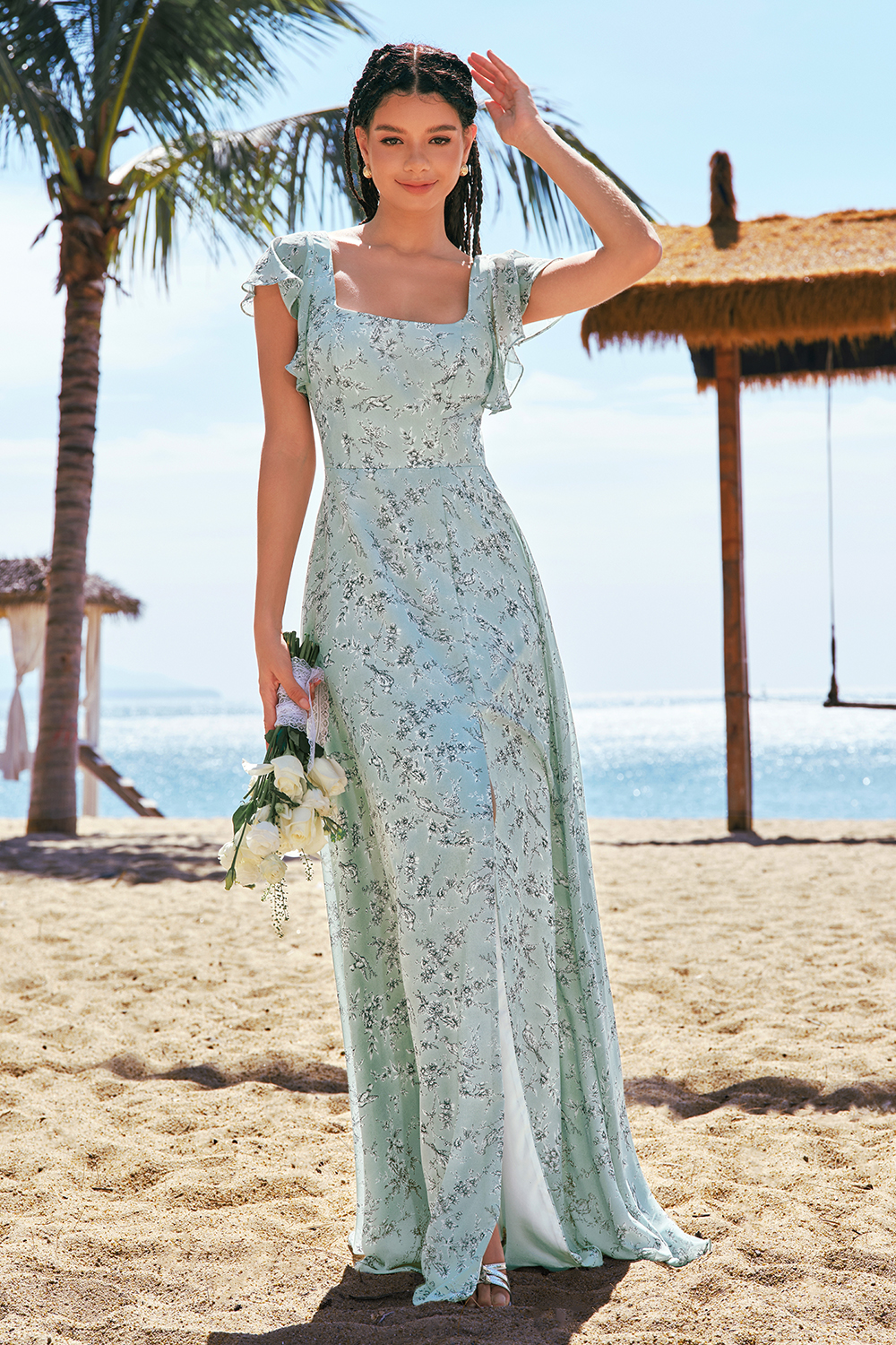 Grey Green Square Neck Floral Bridesmaid Dress with Slit
