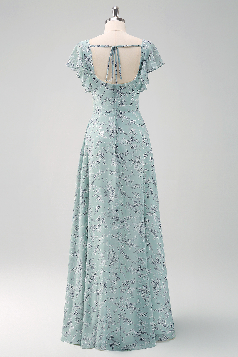 Grey Green Square Neck Floral Bridesmaid Dress with Slit