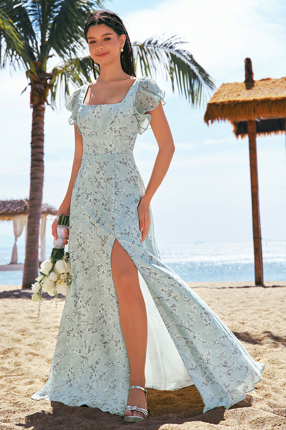 Grey Green A-Line Floral Printed Bridesmaid Dress with Ruffle Sleeves