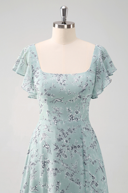 Dusty Sage Ruffled Floral Bridesmaid Dress with Slit