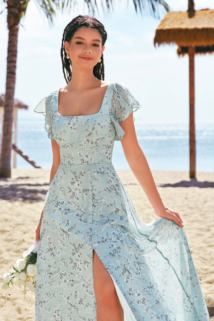 Grey Green A-Line Floral Printed Bridesmaid Dress with Ruffle Sleeves