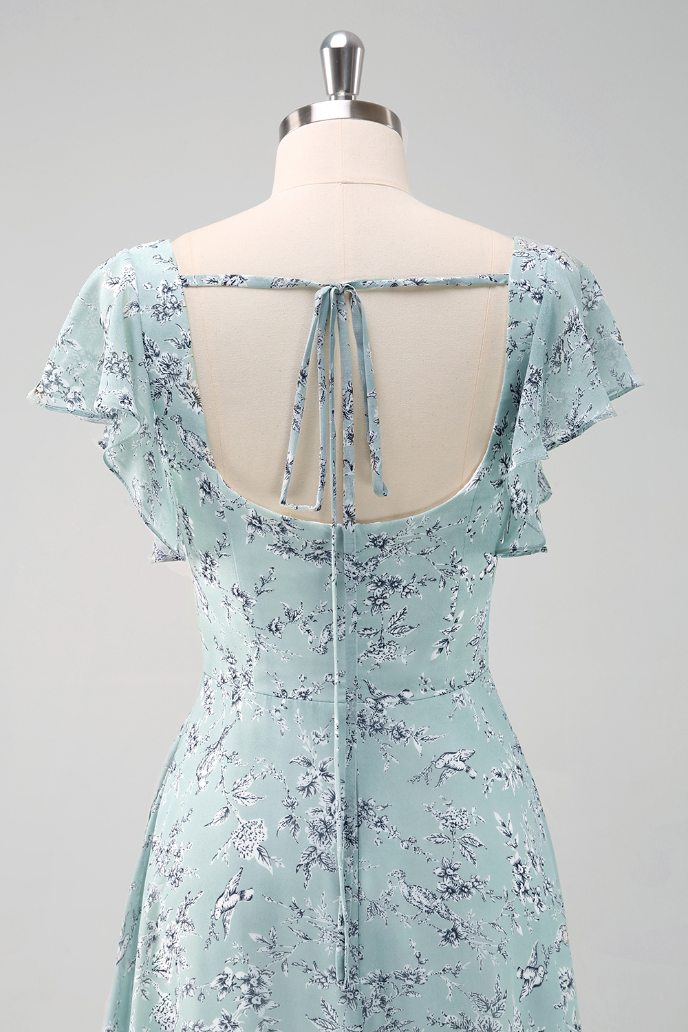 Dusty Sage Ruffled Floral Bridesmaid Dress with Slit