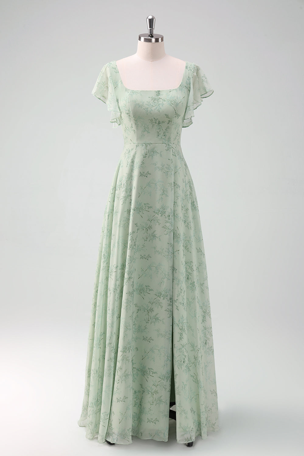 Dusty Sage Square Neck Floral Printed A-Line Bridesmaid Dress