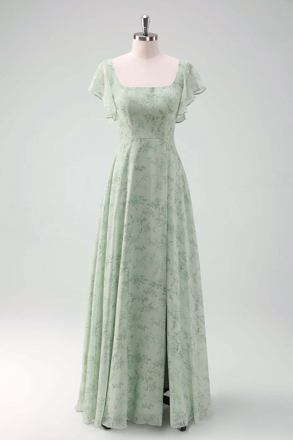 Dusty Sage Square Neck Floral Printed A-Line Bridesmaid Dress