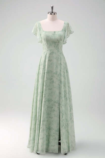 Dusty Sage Square Neck Floral Printed A-Line Bridesmaid Dress