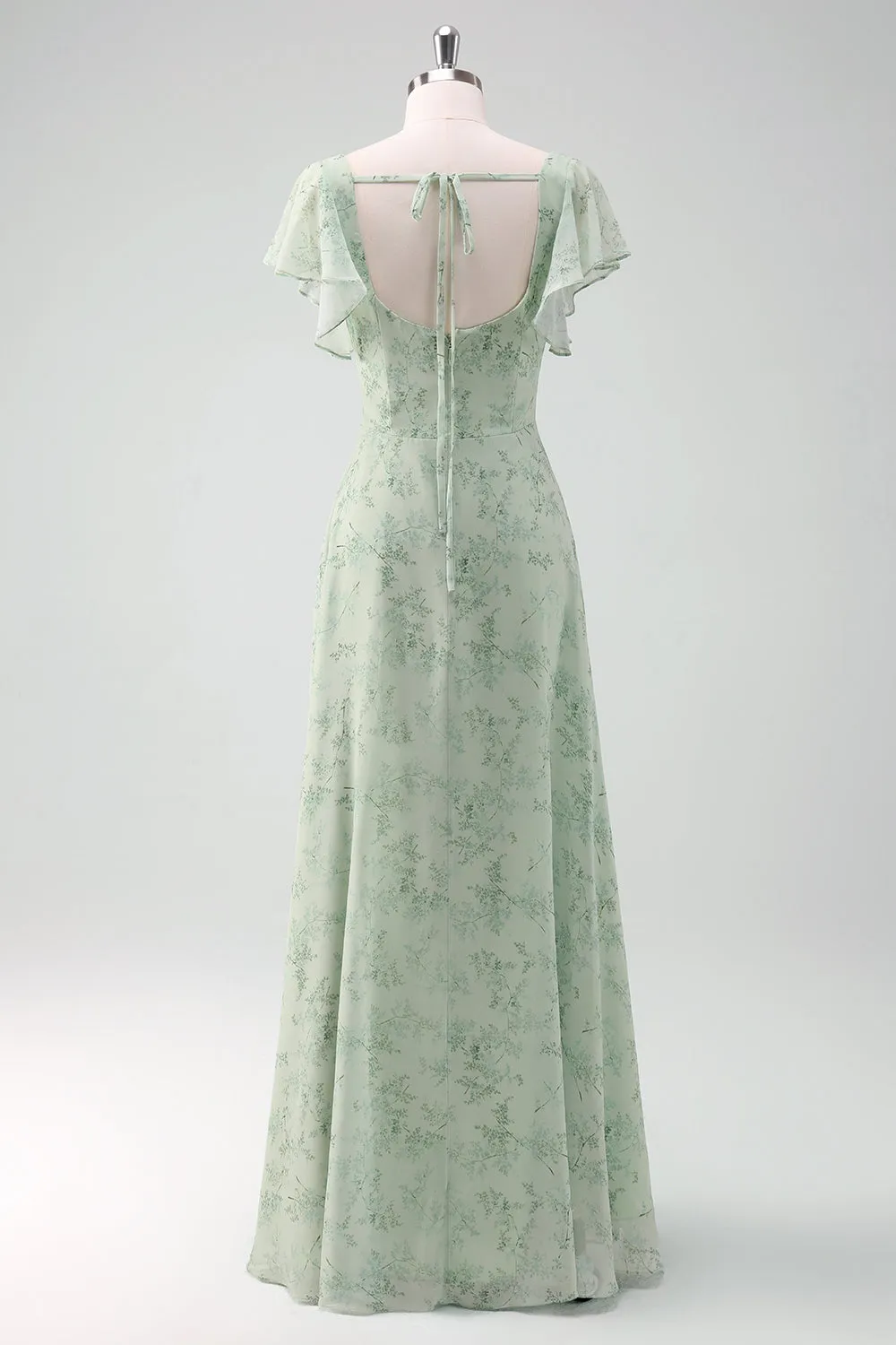 Grey Green Square Neck Floral Bridesmaid Dress with Slit