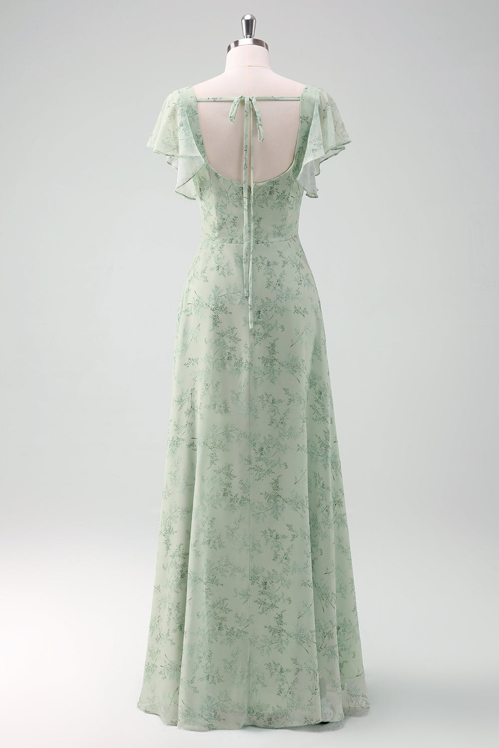 Dusty Sage Square Neck Floral Printed A-Line Bridesmaid Dress