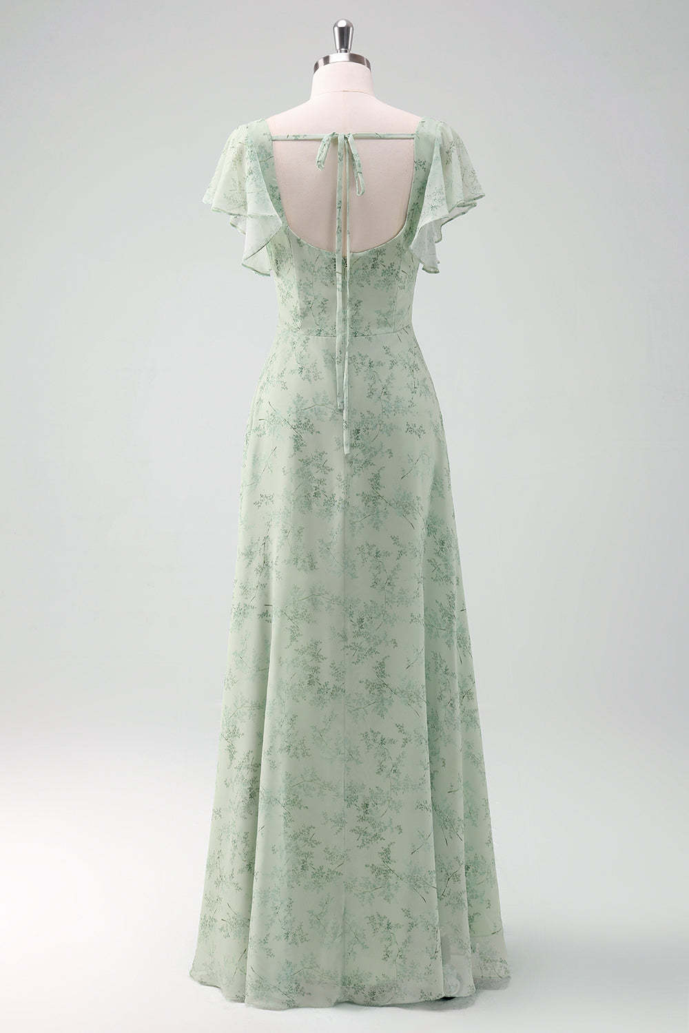 Dusty Sage Square Neck Floral Printed A-Line Bridesmaid Dress