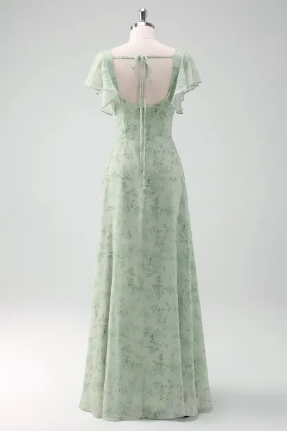 Grey Green Square Neck Floral Bridesmaid Dress with Slit