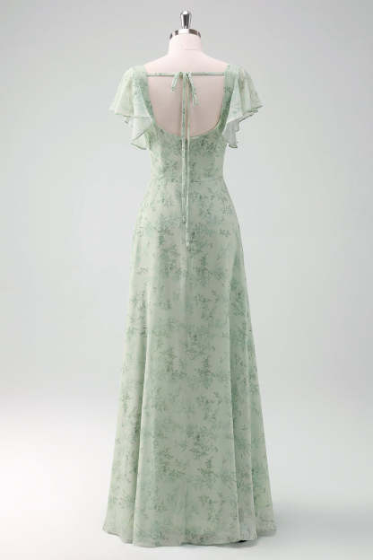 Dusty Sage Square Neck Floral Printed A-Line Bridesmaid Dress