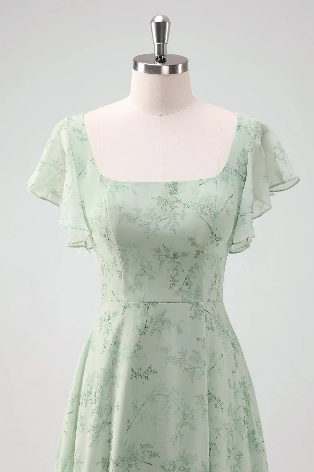 Grey Green Square Neck Floral Bridesmaid Dress with Slit