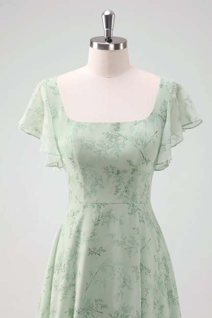 Grey Green Ruffled Floral Bridesmaid Dress with Slit