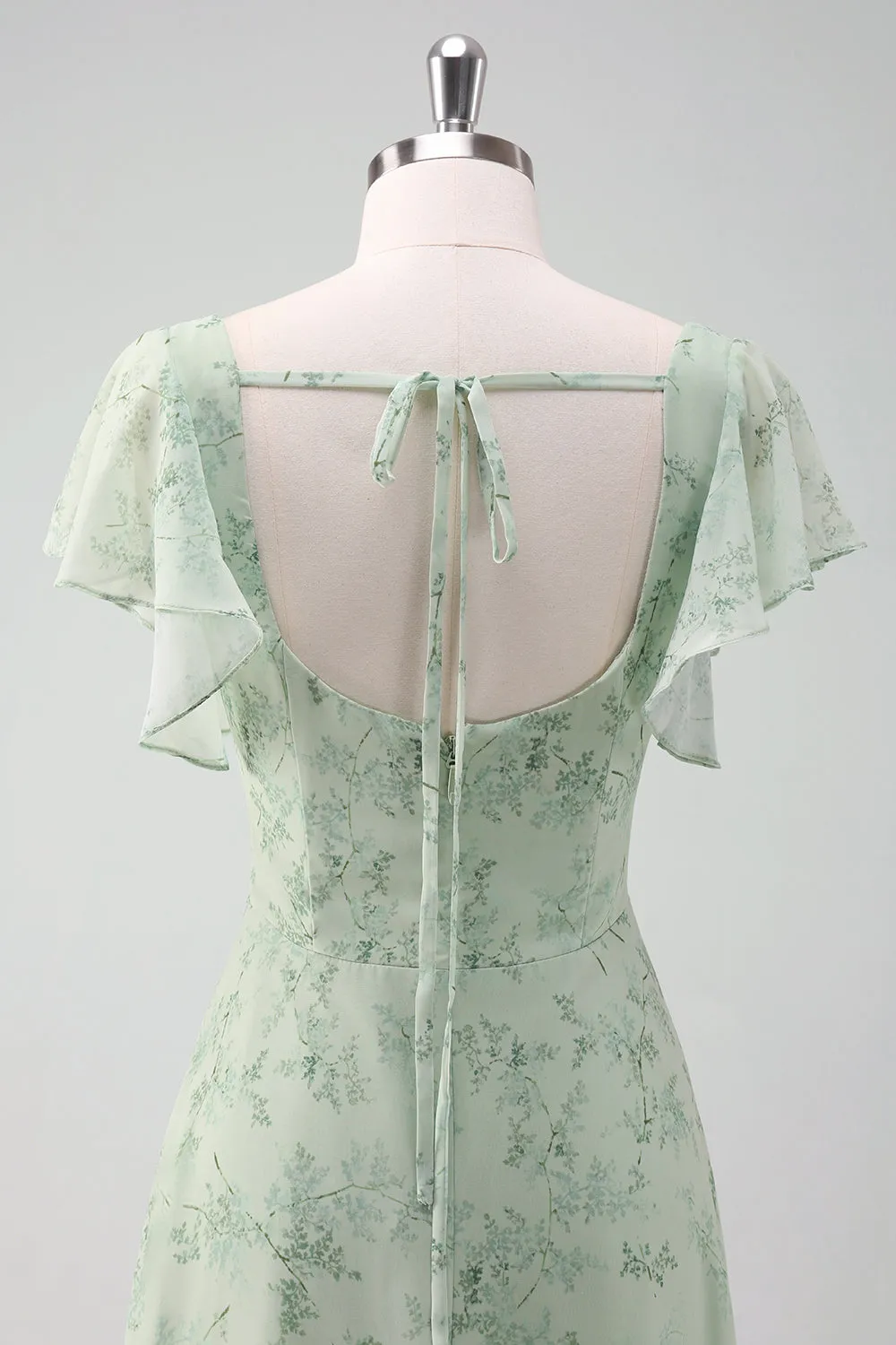 Grey Green Square Neck Floral Bridesmaid Dress with Slit